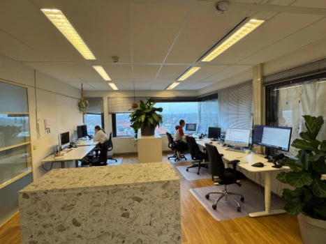 TheOresundBridge.com team members Renée and Freek working at the office in Amersfoort with city view